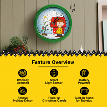 Load image into Gallery viewer, Peanuts Snoopy Dog House Holiday Carols Sound Clock, 8 Inch