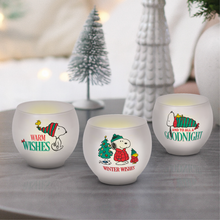 Load image into Gallery viewer, Peanuts Holiday Wishes Round Glass Votives, 3 Inch (Set of 3)