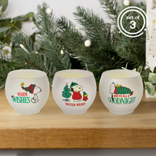 Load image into Gallery viewer, Peanuts Holiday Wishes Round Glass Votives, 3 Inch (Set of 3)