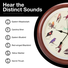 Load image into Gallery viewer, Audubon Society Singing Bird Clock, 13 Inch, Premium Cherry
