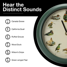 Load image into Gallery viewer, Singing Wild Game Birds of North America Clock, 8 Inch, Green