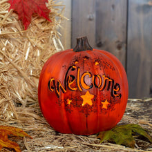Load image into Gallery viewer, Orange Welcome Pumpkin LED Lit 7.5 Inch Resin Harvest Decor