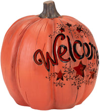 Load image into Gallery viewer, Orange Welcome Pumpkin LED Lit 7.5 Inch Resin Harvest Decor