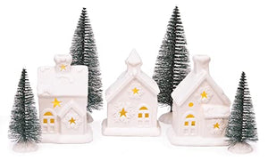 Unglazed Porcelain Pre Lit LED Cozy Knit Winter Village with Trees, Set of 7, 4 Inch