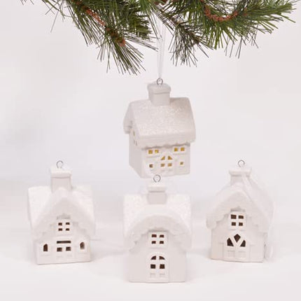 Unglazed Porcelain Winter Snowy Village House Tree Ornaments, Set of 4, 3 Inch, White