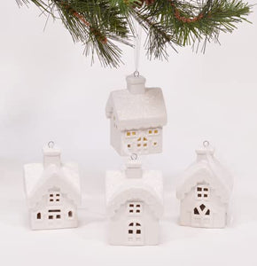 Unglazed Porcelain Winter Snowy Village House Tree Ornaments, Set of 4, 3 Inch, White