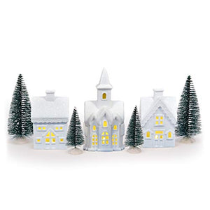 Small Holiday Village with Trees 6" Unglazed Porcelain 7 Piece Set