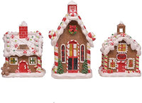 Porcelain Gingerbread Village Holiday LED Tea Light Figurines, Set of 3, 6 Inch. Red