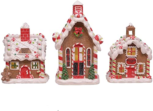 Porcelain Gingerbread Village Holiday LED Tea Light Figurines, Set of 3, 6 Inch. Red