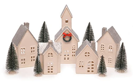 Unglazed Porcelain Silver Rooftopped Village with Trees LED Holiday Figurines, Set of 16, White