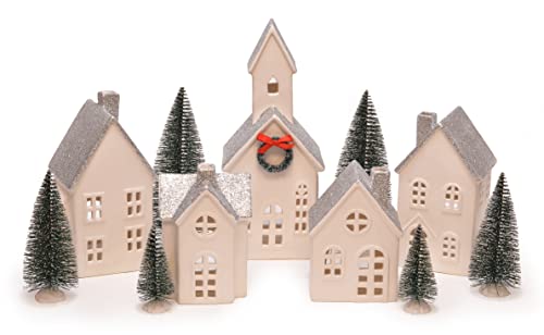 Unglazed Porcelain Silver Rooftopped Village with Trees LED Holiday Figurines, Set of 16, White