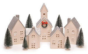 Unglazed Porcelain Silver Rooftopped Village with Trees LED Holiday Figurines, Set of 16, 11 Inch, White