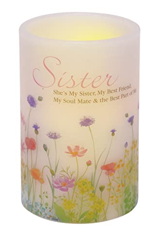 Inspirational Sister Quote Floral Flameless LED Wax Pillar Candle, 4 x 6 Inch