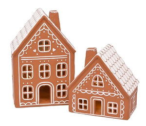 Ceramic Iced Gingerbread Village Pre Lit LED Houses, Set of 2, 9 Inch