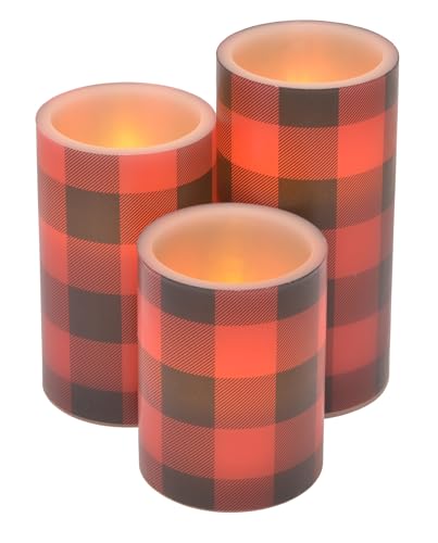 Buffalo Plaid Holiday Flameless LED Pillar Candles, Set of 3