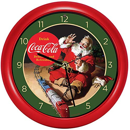 Coca Cola 90th Anniversary Santa and Train Christmas Carol Sound Clock, 8 Inch, Red