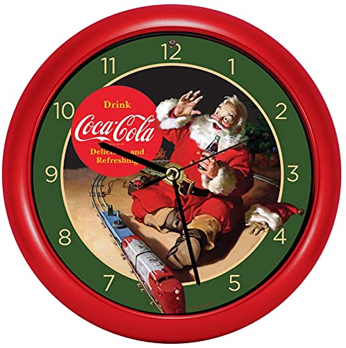 Coca Cola 90th Anniversary Santa and Train Christmas Carol Sound Clock, 8 Inch, Red
