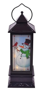 Pre Lit LED Traditional Snowman with Cardinal Stained Glass Style Lantern, 11 Inch, Black