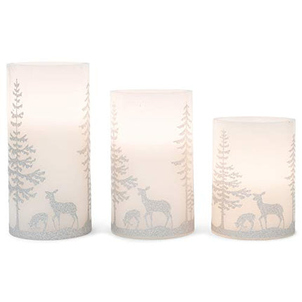 Deer and Trees Wax Flameless Holiday Pillar Candles, Set of 3, Silver Tone