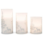 Deer and Trees Wax Flameless Holiday Pillar Candles, Set of 3, Silver Tone