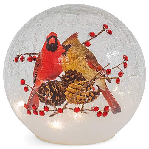 Woodland Cardinal Pair LED Crackle Glass Holiday Globe, 6 Inch