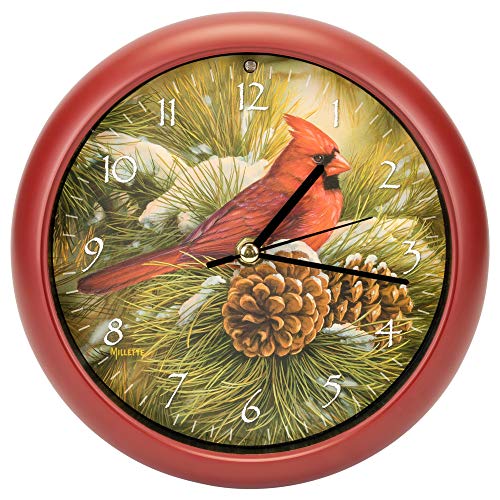 Wild Wings December Dawn Cardinal Round Sound Clock, 8 Inch, Red