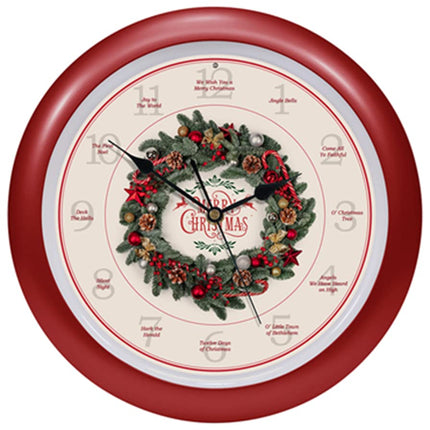 Traditional Christmas Holiday Wreath Carol Sound Clock, 13 Inch, Red
