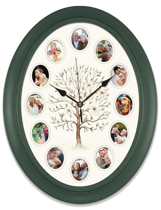 Personalized Family Tree Oval Photo Frame Wall Clock, 14 Inch, Green