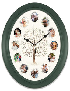 Personalized Family Tree Oval Photo Frame Wall Clock, 14 Inch, Green
