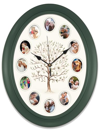 Personalized Family Tree Oval Photo Frame Wall Clock, 14 Inch, Green