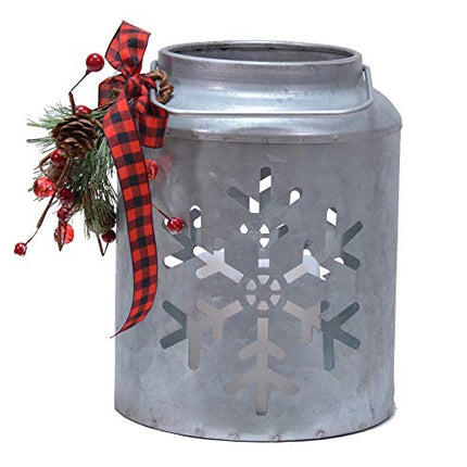 Snowflake Galvanized Iron Holiday Flameless LED Pillar Candle Lantern, 7 x 5 Inch, Silver Tone