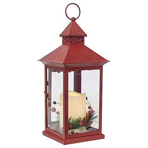 Distressed Holly Berry and Pine Flameless LED Decorative Metal Hanging Lantern, 13.5 Inch