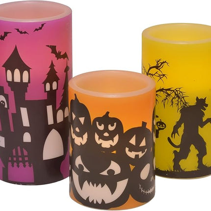 Haunted House Silhouette Flameless LED Wax Candle Pillars, Set of 3