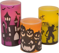 Haunted House Silhouette Flameless LED Wax Candle Pillars, Set of 3