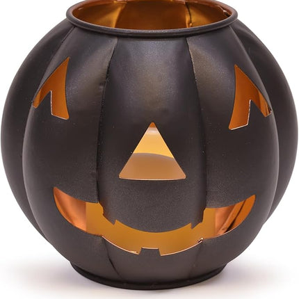 Metal Jack O' Lantern Pumpkin Flameless LED Candle Lantern, 5 Inch, Black with Gold Interior