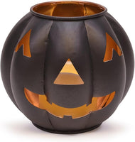 Metal Jack O' Lantern Pumpkin Flameless LED Candle Lantern, 5 Inch, Black with Gold Interior