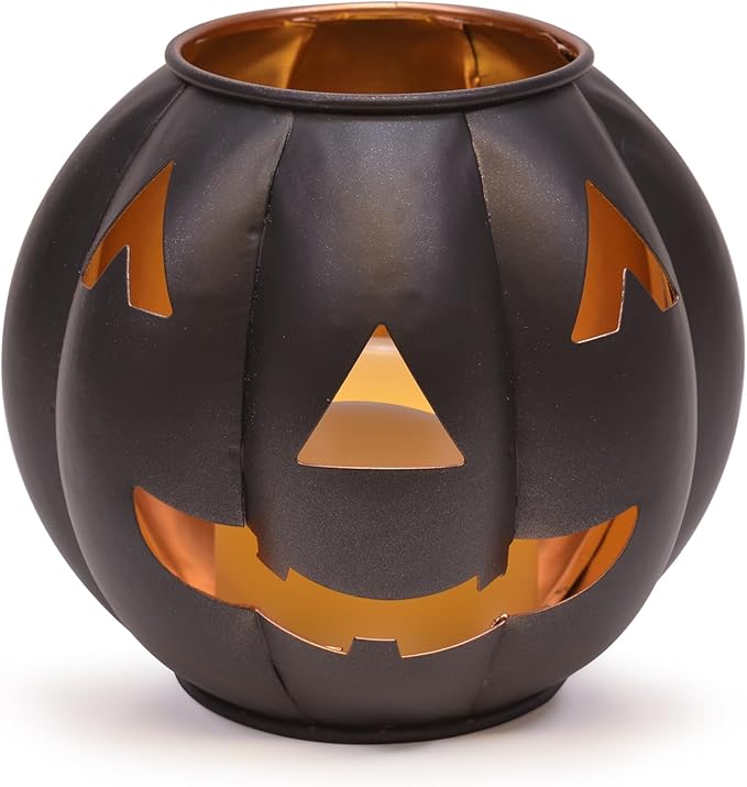 Metal Jack O' Lantern Pumpkin Flameless LED Candle Lantern, 5 Inch, Black with Gold Interior