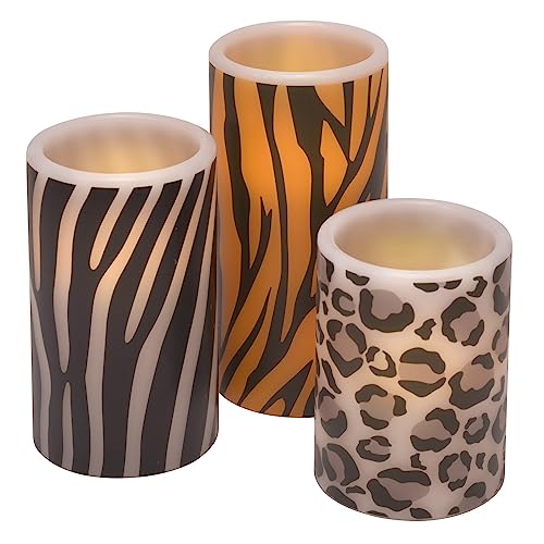 Wild Animal Print Flameless LED Pillar Candles, Set of 3, 6 Inch, Zebra, Tiger, Leopard