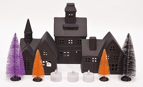 Porcelain Haunted Halloween Color Changing LED Village with Trees, 10 Piece Set, Black