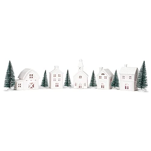 Village with Trees Porcelain Holiday Figurines, Set of 11, 7 Inch, Winter White