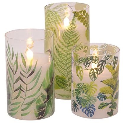 Botanical Garden Flameless LED Glass Pillar Candles, Set of 3