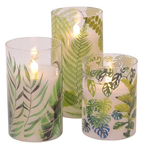 Botanical Garden Flameless LED Glass Pillar Candles, Set of 3