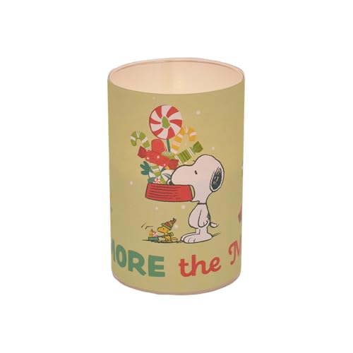 Peanuts Snoopy and Gang The More The Merrier Flameless LED Glass Holiday Pillar Candle, 4 x 6 Inch