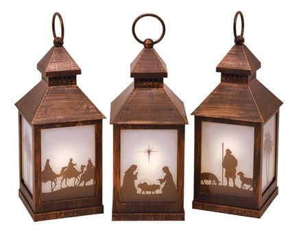 Nativity Silhouette Scene Flameless LED Holiday Candle Lanterns, 9.5 Inch, Set of 3, Antique Bronze