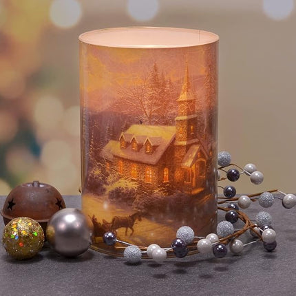 Thomas Kinkade Sunday Evening Sleigh Ride Chapel Flameless LED Glass Pillar Candle, 4 x 6 Inch