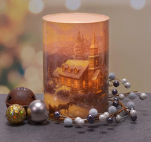 Load image into Gallery viewer, Thomas Kinkade Sunday Evening Sleigh Ride Chapel Flameless LED Glass Pillar Candle, 4 x 6 Inch
