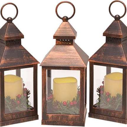 Berries and Pine Flameless LED Holiday Candle Lanterns, 9.5 Inch, Antique Bronze, Set of 3