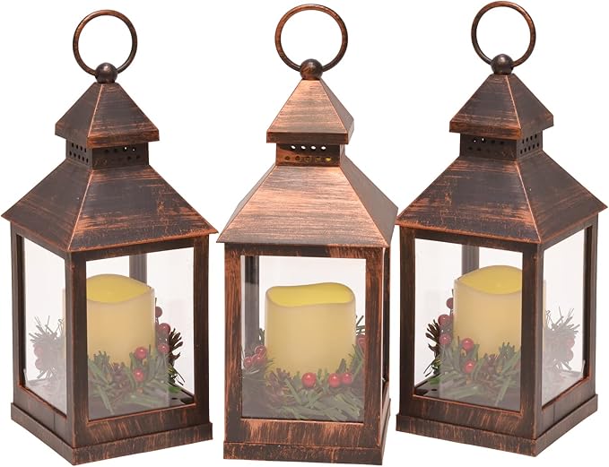 Berries and Pine Flameless LED Holiday Candle Lanterns, 9.5 Inch, Antique Bronze, Set of 3