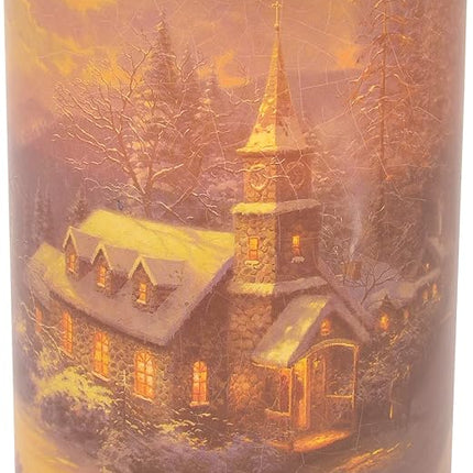 Thomas Kinkade Sunday Evening Sleigh Ride Chapel Flameless LED Glass Pillar Candle, 4 x 6 Inch