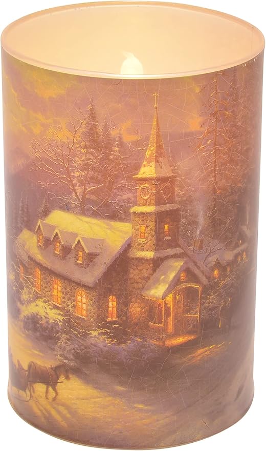 Thomas Kinkade Sunday Evening Sleigh Ride Chapel Flameless LED Glass Pillar Candle, 4 x 6 Inch